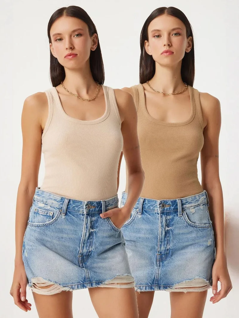 Happiness İstanbul ISTANBUL Fitted U Collar Knitted 2- Pack Tank Top